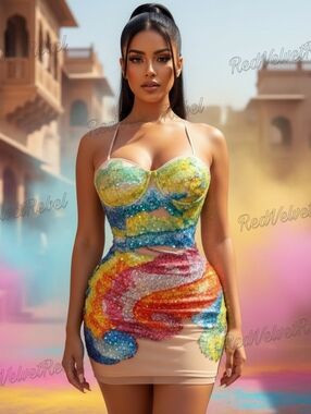 NWT Sexy Vibrant Diamante Embellished Bodycon Festival Mini Party Dress Sz M